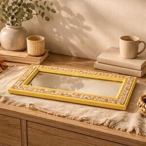Mosaic Yellow Mirror Handcrafted Floral Tile Frame Shabby Chic Wall Decor VTG